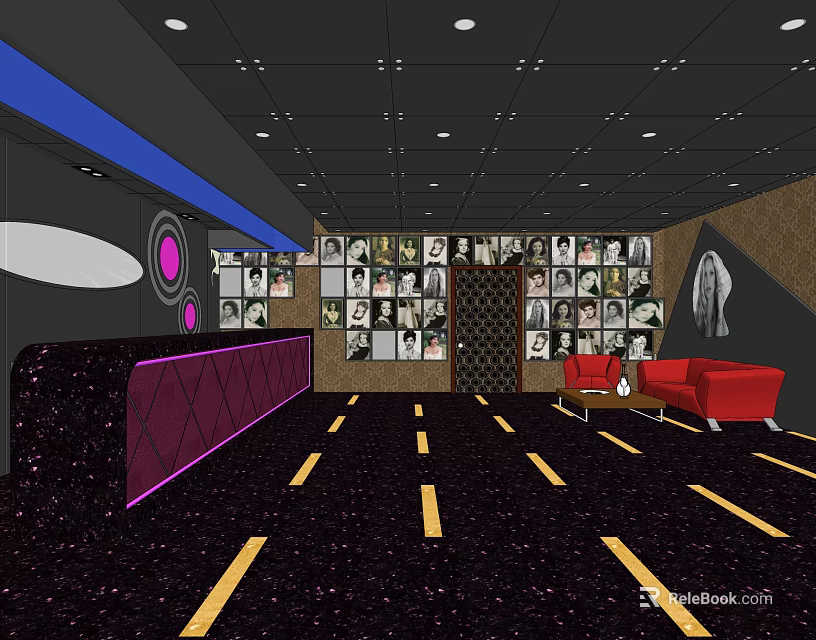 KTV Interior Design With Decorative Photo Wall Red Sofas Purple Seating And Ceiling Lights 3d model 