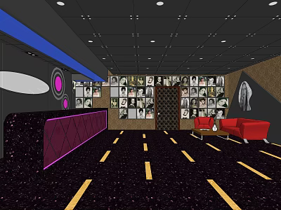 KTV Interior Design With Decorative Photo Wall Red Sofas Purple Seating And Ceiling Lights 3d model