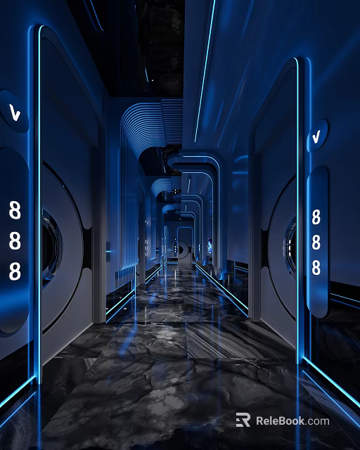 Modern Office Corridor Interior With Blue Lighting Digital Numbers 888 And Futuristic Design 3d model 