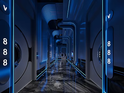 Modern Office Corridor Interior With Blue Lighting Digital Numbers 888 And Futuristic Design 3d model