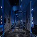 Modern Office Corridor Interior With Blue Lighting Digital Numbers 888 And Futuristic Design