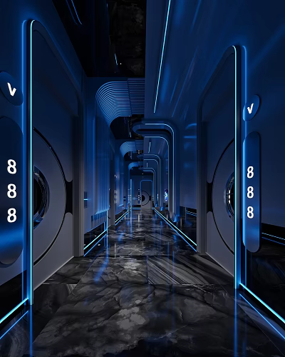 Modern Office Corridor Interior With Blue Lighting Digital Numbers 888 And Futuristic Design 3d model