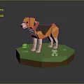 Low Poly Dog Model With Red Collar On Green Platform And Small Toys