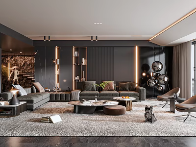 Modern Living Room Interior With Grey Sofas Area Rug Coffee Tables And Stone Wall 3d model