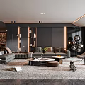 Modern Living Room Interior With Grey Sofas Area Rug Coffee Tables And Stone Wall