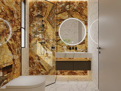 Modern Bathroom Interior With Marble Walls Round Mirror And Vanity Lighting 3d model