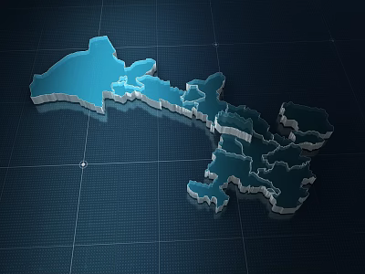Blue 3D Stylized Map on Digital Grid Background with Geographical Outlines 3d model