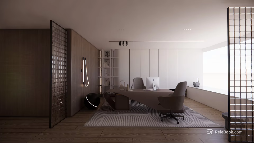 Modern Office Interior With Wooden Desk Ergonomic Chair Floor Lamp And Large Window 3d model 