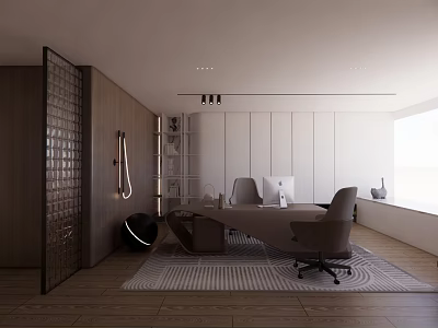 Modern Office Interior With Wooden Desk Ergonomic Chair Floor Lamp And Large Window 3d model