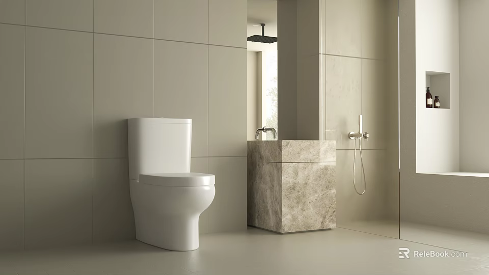 Modern Bathroom Interior Design With Gray Tile Walls White Toilet And Marble Vanity 3d model 