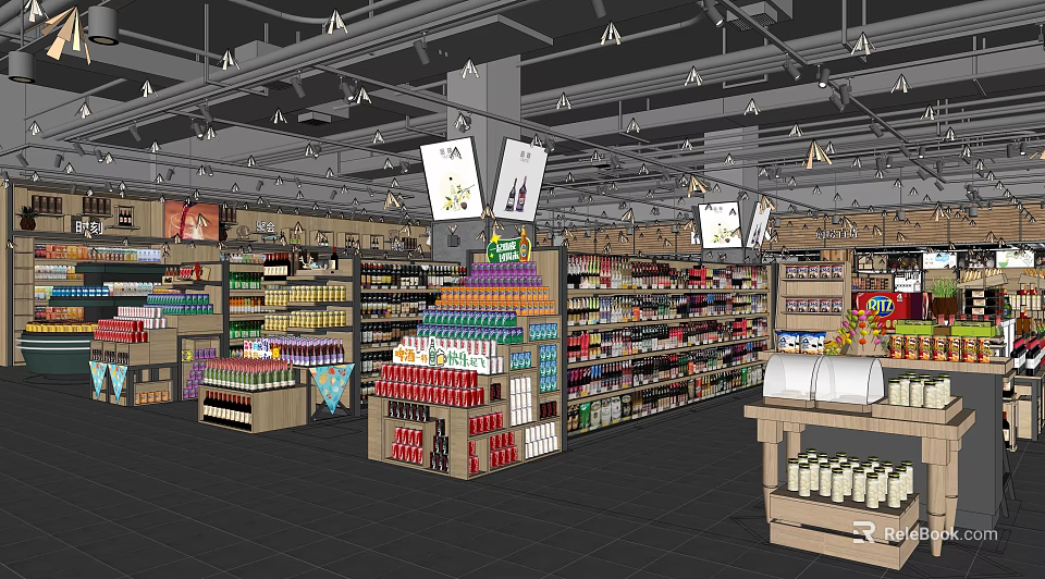 Organized Supermarket Retail Space With Shelves And Various Grocery Products 3d model 