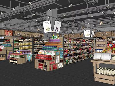 Organized Supermarket Retail Space With Shelves And Various Grocery Products 3d model