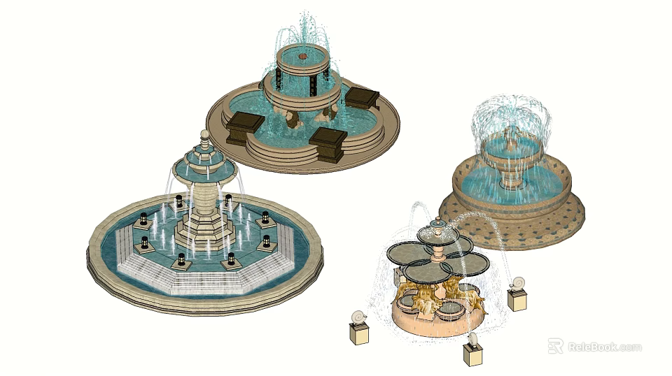 Various Decorative Fountains With Multi Tiered Design Ornamental Bases And Water Features 3d model 