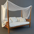 Elegant Wooden Daybed with White Canopy Curtains and Soft White Cushions