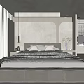 Modern Bedroom Interior With Curved Headboard Wall Throw Pillows Potted Plant And Round Mirror