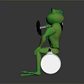 3D Cartoon Muscular Green Frog Lifting Dumbbell Sitting On White Roll With Gray Background