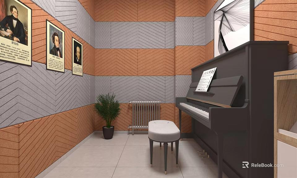 Piano Room Interior With Upright Piano Acoustic Panels And Potted Plant 3d model 