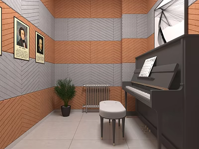 Piano Room Interior With Upright Piano Acoustic Panels And Potted Plant 3d model