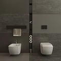 Modern Bathroom With Gray Walls Double Sinks Toilet And Wall Mounted Shelves
