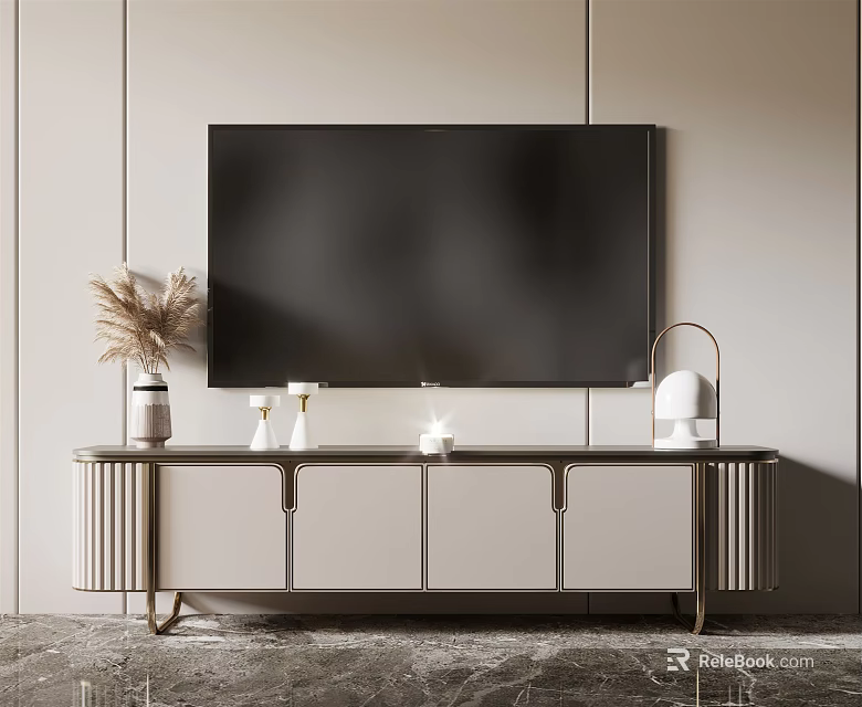 Modern TV Stand With Flat Screen TV Decorative Items Pampas Grass And Table Lamp 3d model 