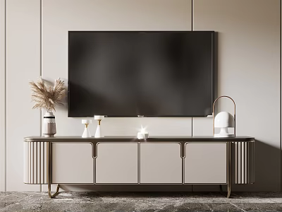 Modern TV Stand With Flat Screen TV Decorative Items Pampas Grass And Table Lamp 3d model
