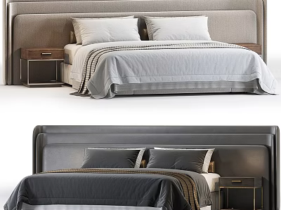 Modern Double Bed Design With Beige Headboard Gray Bedding And Nightstand 3d model