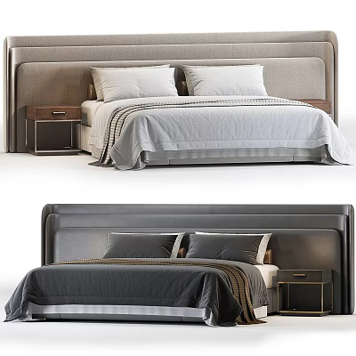 Modern Double Bed Design With Beige Headboard Gray Bedding And Nightstand 3d model