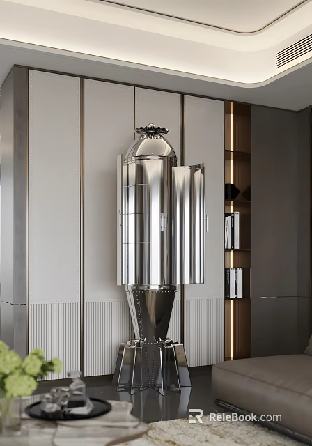 Modern Silver Rocket Shaped Bookcase With Wooden Shelves And Contemporary Interior Design 3d model 