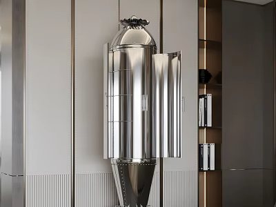Modern Silver Rocket Shaped Bookcase With Wooden Shelves And Contemporary Interior Design 3d model