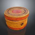 Circular Yellow Woven Storage Box with Red Pattern and Stripes for Daily Use 3d model