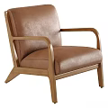 Modern Brown Leather Leisure Chair With Wooden Armrests And Frame Design