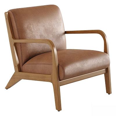 Modern Brown Leather Leisure Chair With Wooden Armrests And Frame Design 3d model