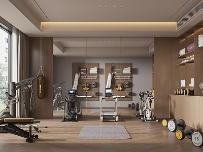 Modern Gym Space With Wooden Walls Floors And Fitness Equipment Like Dumbbells Treadmill 3d model
