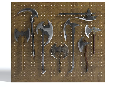 Different Types of Ancient Weapons Hanging On Pegboard Wall With Metal Blades 3d model