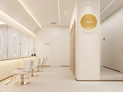 Modern Beauty Hair Salon Interior With White Chairs Round Mirrors And Soft Lighting 3d model