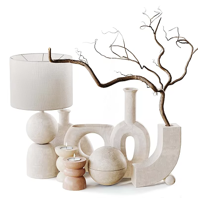 Minimalist White Ceramic Vases With Decorative Branches And Interior Decor Elements 3d model