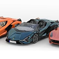 Blue Orange And Pink Convertible Sports Cars Parked Side By Side