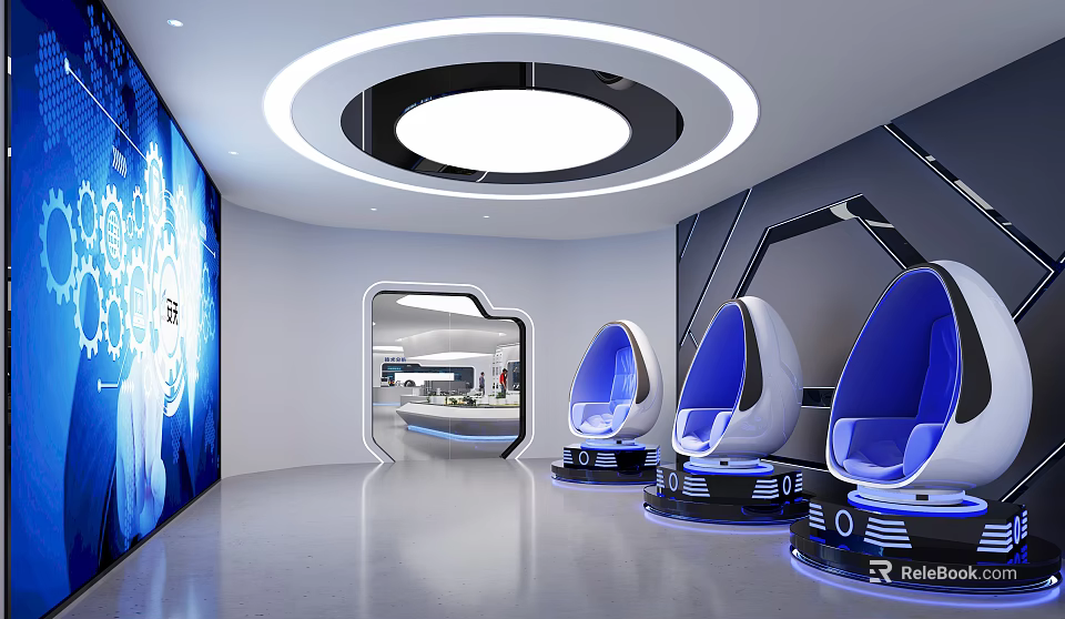Futuristic Tech Inspired Interior With Egg Shaped Seats Ring Lighting And Blue Screen 3d model 