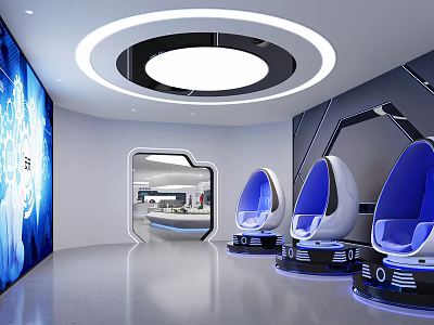 Futuristic Tech Inspired Interior With Egg Shaped Seats Ring Lighting And Blue Screen 3d model