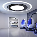 Futuristic Tech Inspired Interior With Egg Shaped Seats Ring Lighting And Blue Screen