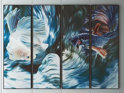Modern Four Panel Fish Wall Art With Blue White Red Fish And Wave Patterns 3d model