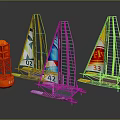 Three 3D Model Sailboats With Numbers And Colors On Sails Near Orange Tower