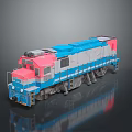 Blue Pink Gray Train Model with Multiple Wheels Detailed Design on Gray Background Reflective Surface 3d model