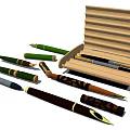 Various Styles of Pens with Open Wooden Pen Case and Multi Color Designs