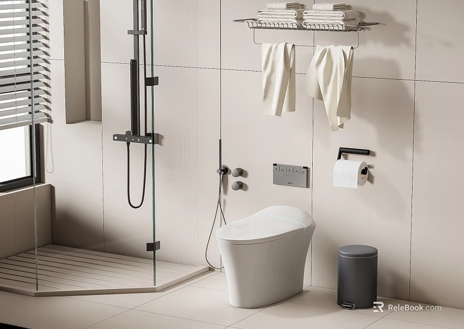 Modern Bathroom Toilet with White Tiles Shower Area Towel Rack and Trash Can 3d model 