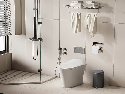 Modern Bathroom Toilet with White Tiles Shower Area Towel Rack and Trash Can 3d model