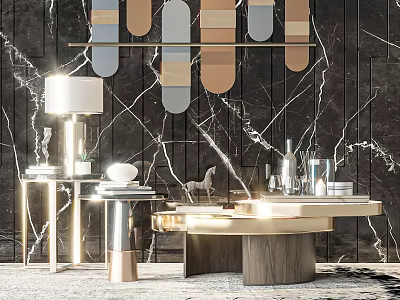 Modern Coffee Table With Elegant Design Glassware Table Lamp On Black Marble Wall Decorative Strips 3d model