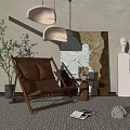 Leisure Chair With Wooden Frame Brown Cushion Abstract Painting Hanging Pendant Lights And Green Plant