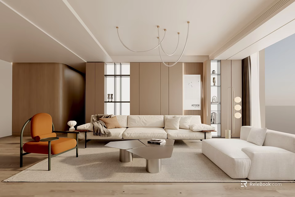 Modern Living Room Interior With Beige Sofa Orange Armchair Coffee Table And Chandelier 3d model 
