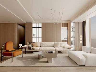 Modern Living Room Interior With Beige Sofa Orange Armchair Coffee Table And Chandelier 3d model